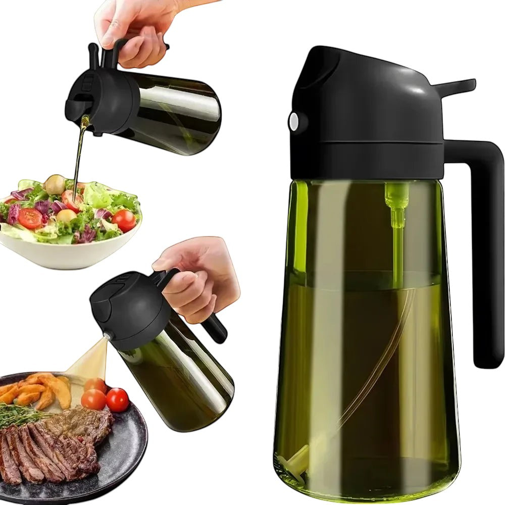 The OmniPour™ green glass misting oil dispenser bottle with black handle and lid, perfect for cooking and salads.