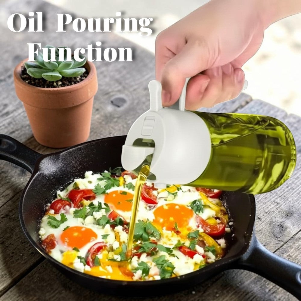 The OmniPour™ green misting oil dispenser bottle with handle, pouring oil onto a dish of eggs and vegetables.