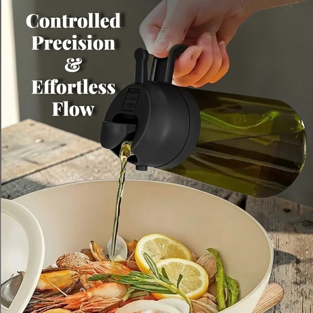 The OmniPour™ misting oil dispenser bottle with handle, featuring a gravity sensor lid and backflow hole design for leak prevention.
