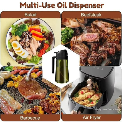 The OmniPour™ green glass misting oil dispenser bottle with handle for salads, cooking, and baking.