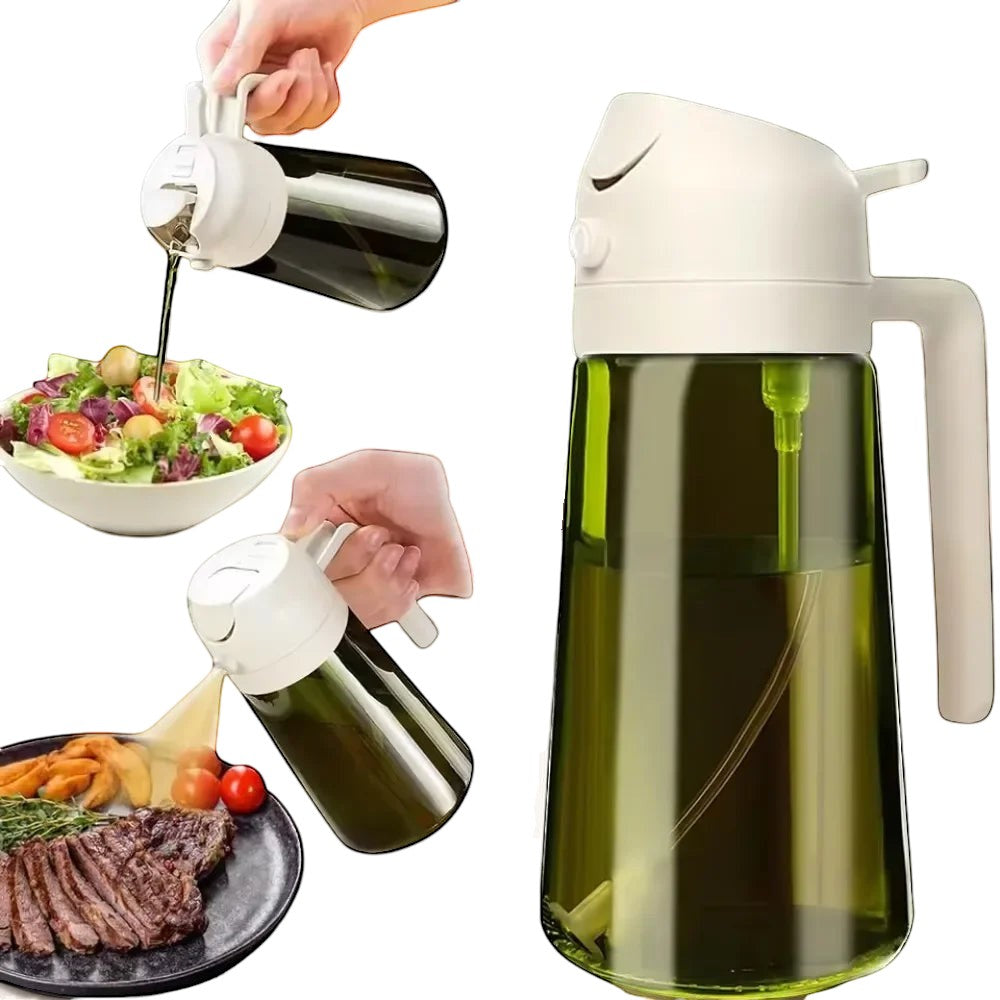 The OmniPour™ green glass oil mister with handle, perfect for even misting of oil on salads or cooking.