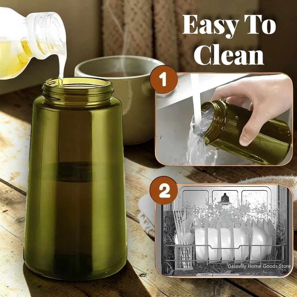 The OmniPour™ 16oz olive green misting oil dispenser bottle with handle, made of durable glass, dishwasher safe.
