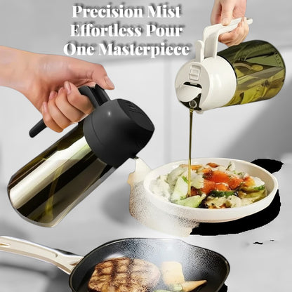 The OmniPour™ misting oil dispenser bottle with handle, made of glass and plastic, sprays oil evenly onto food.